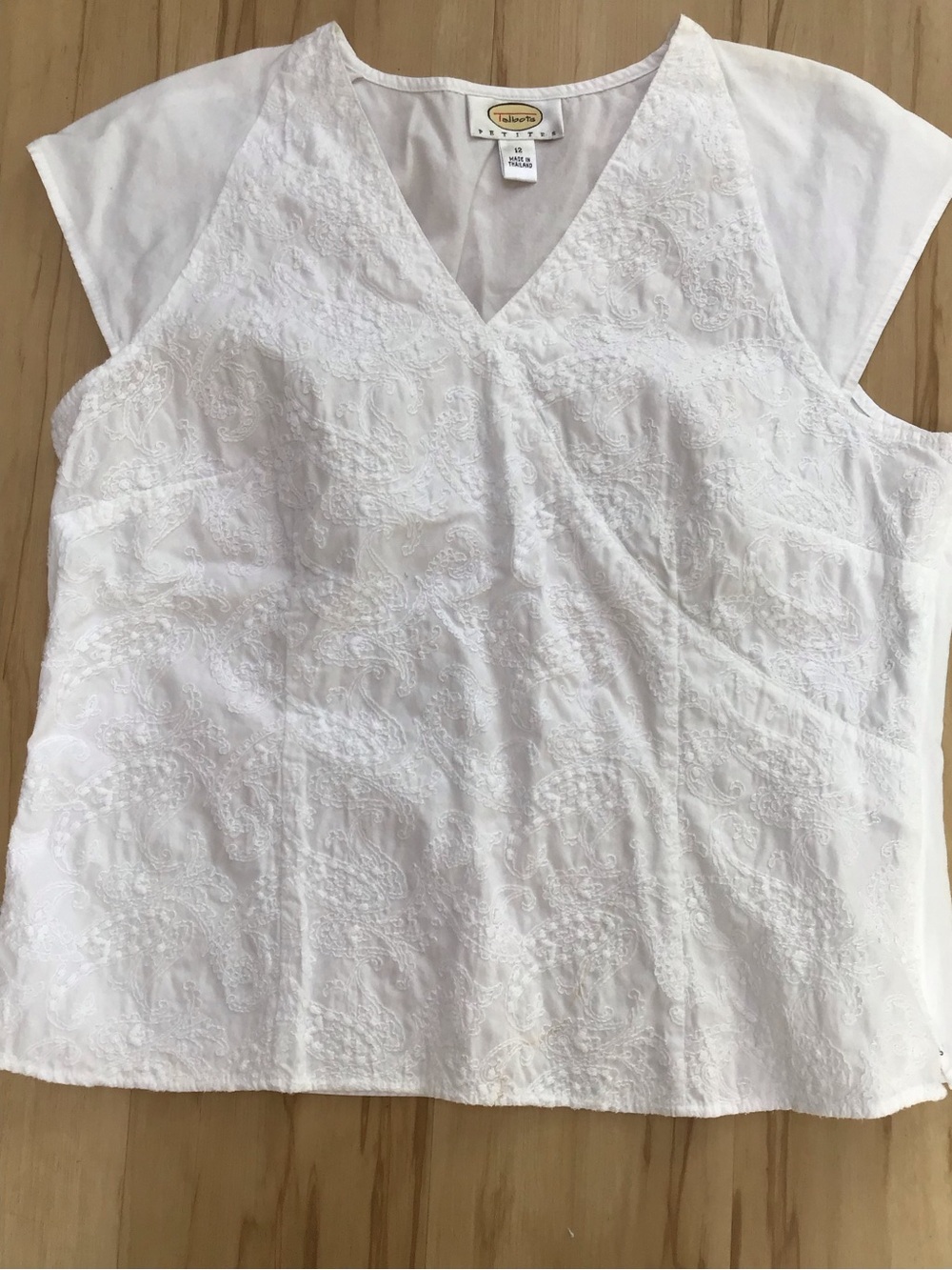 Talbots Embroidered Textured White on White Cap Sleeve 100% Cotton Top Size 12P